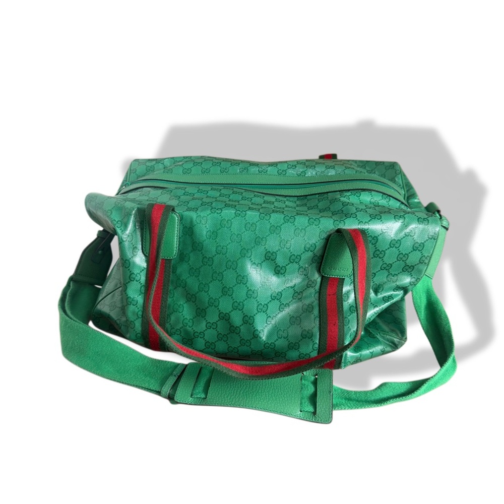 Gucci Green Monogram Duffel Bag with Red Stripe
